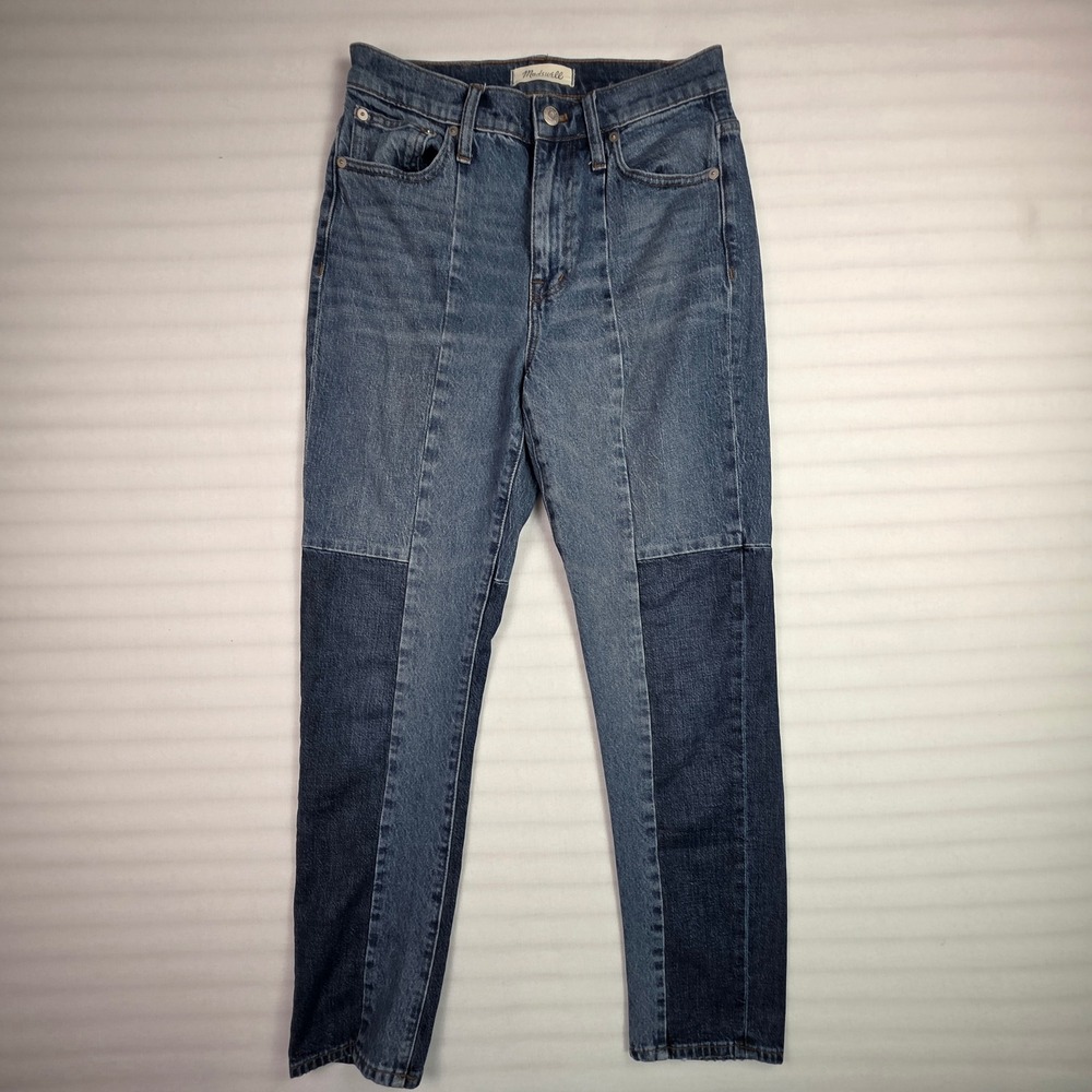 Madewell Two Tone Colorblock High Rise Skinny Jeans Blue Seam Front Size 29